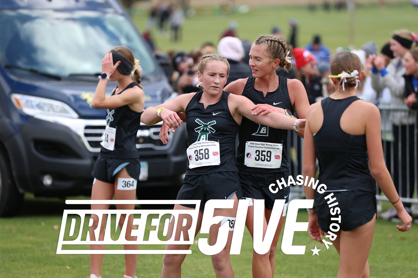 Drive for Five: Chasing History. Two Pella runners embrace after the 2025 Iowa state cross country championships.